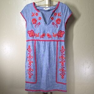 Boden Blue Mini Dress with Red Floral Embroidery 100% Linen  Chambray Style